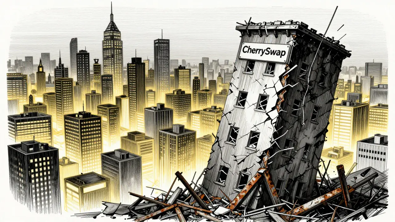 Etching of a crumbling CherrySwap tower isolated from a vibrant competitor city.