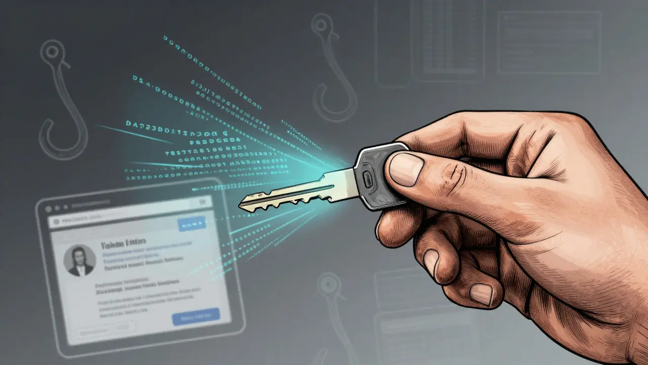 Etching of a hand holding a key turning into code amidst phishing threats