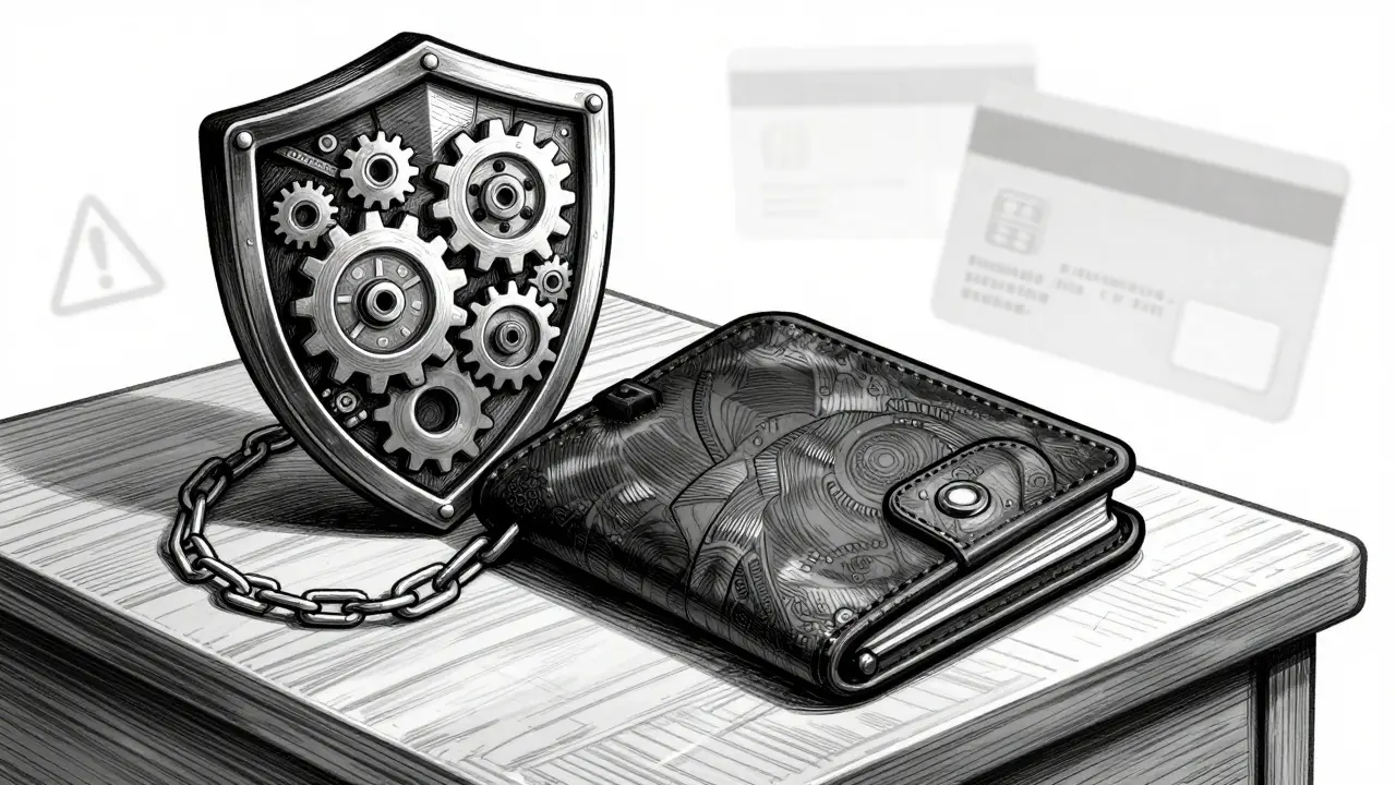 Etching of a secure hardware wallet and shield protecting against financial risks
