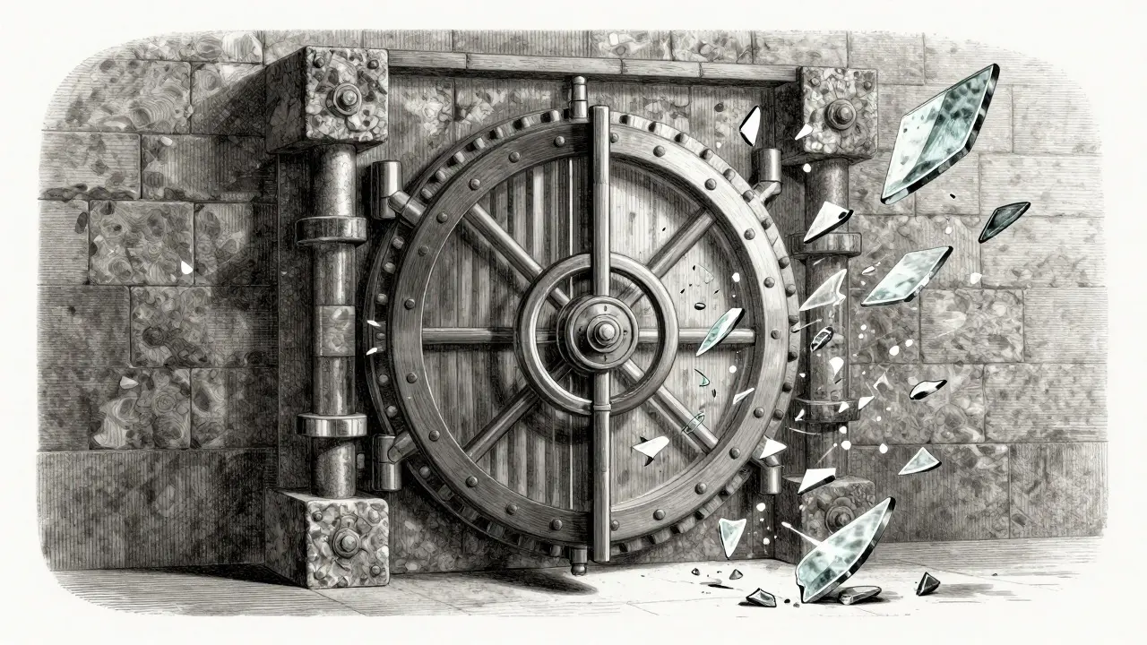 Etching of a solid vault absorbing floating shards, illustrating institutional accumulation.