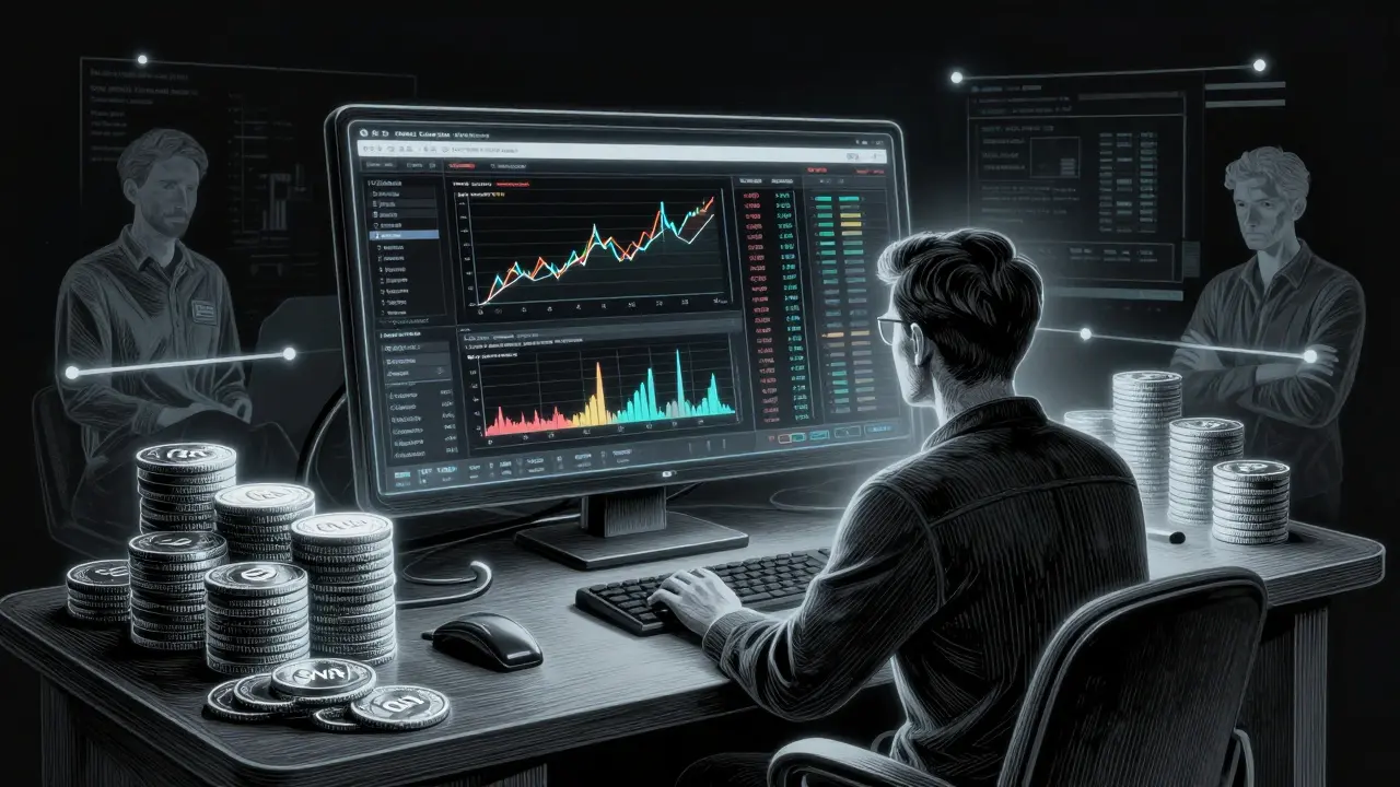 Etching of a trader using an advanced terminal with ORN tokens and market data.