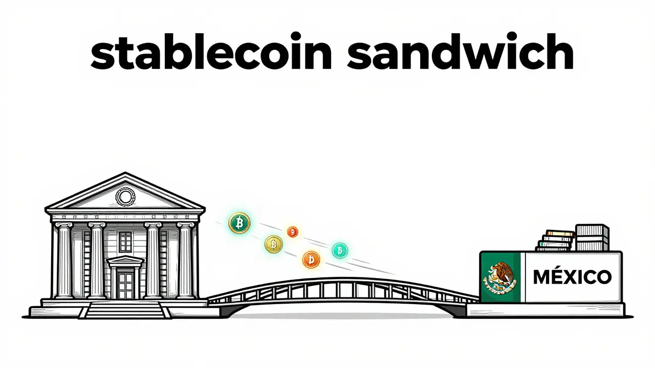 Etching of fast stablecoin transfer bridging Europe and Mexico instantly.