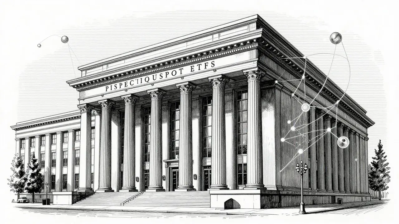 Etching of financial building merging with blockchain symbols for institutional adoption.