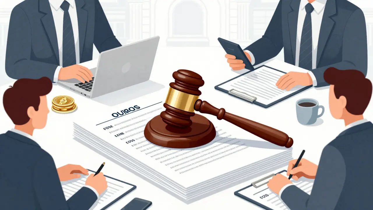 Etching of legal gavel and businesses adopting regulated crypto payments.