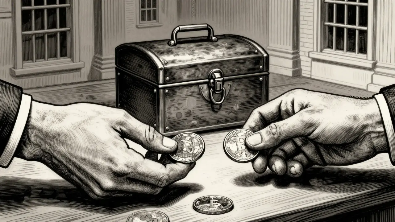 Etching of P2P crypto trade with escrow box and barred banks in background
