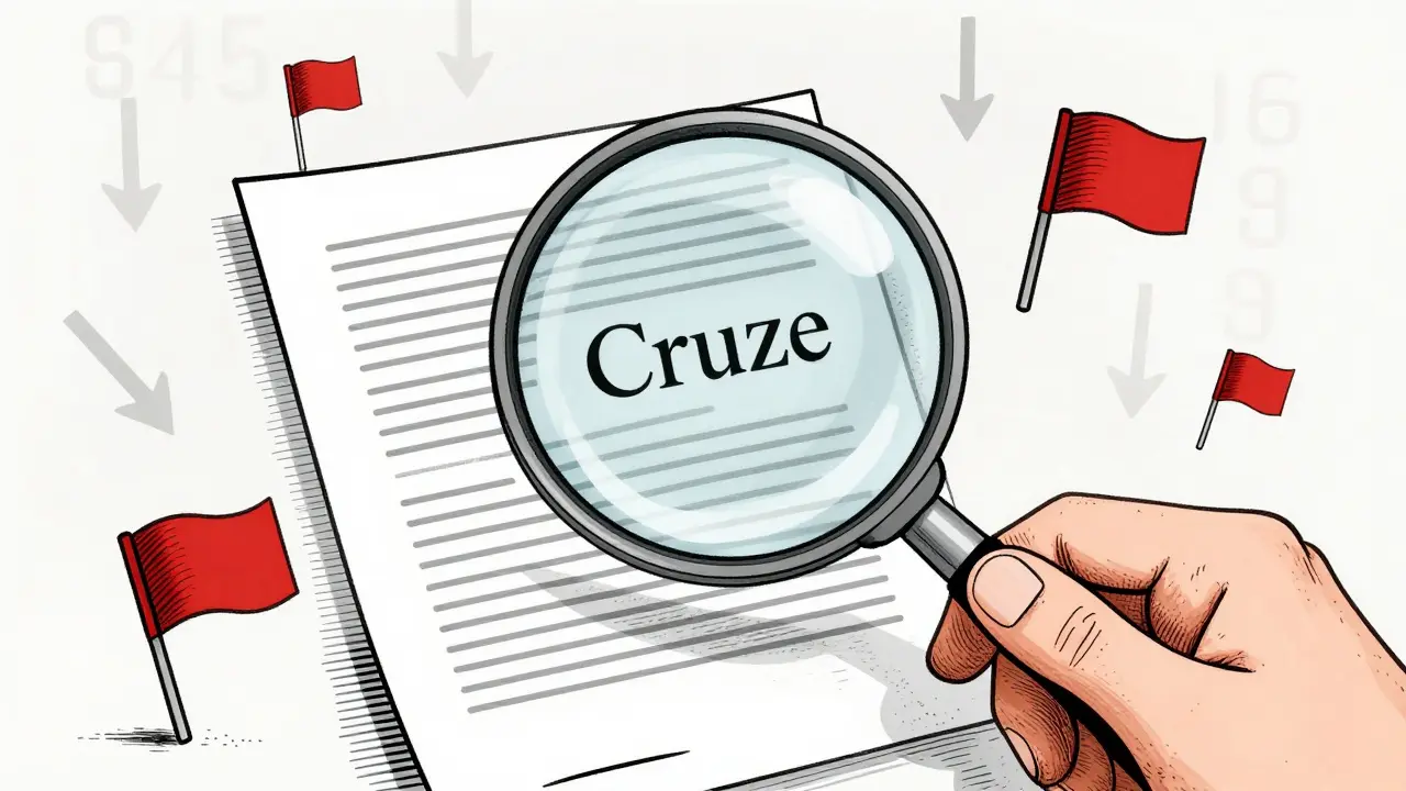 Etching showing a magnifying glass over blank documents and red warning flags.