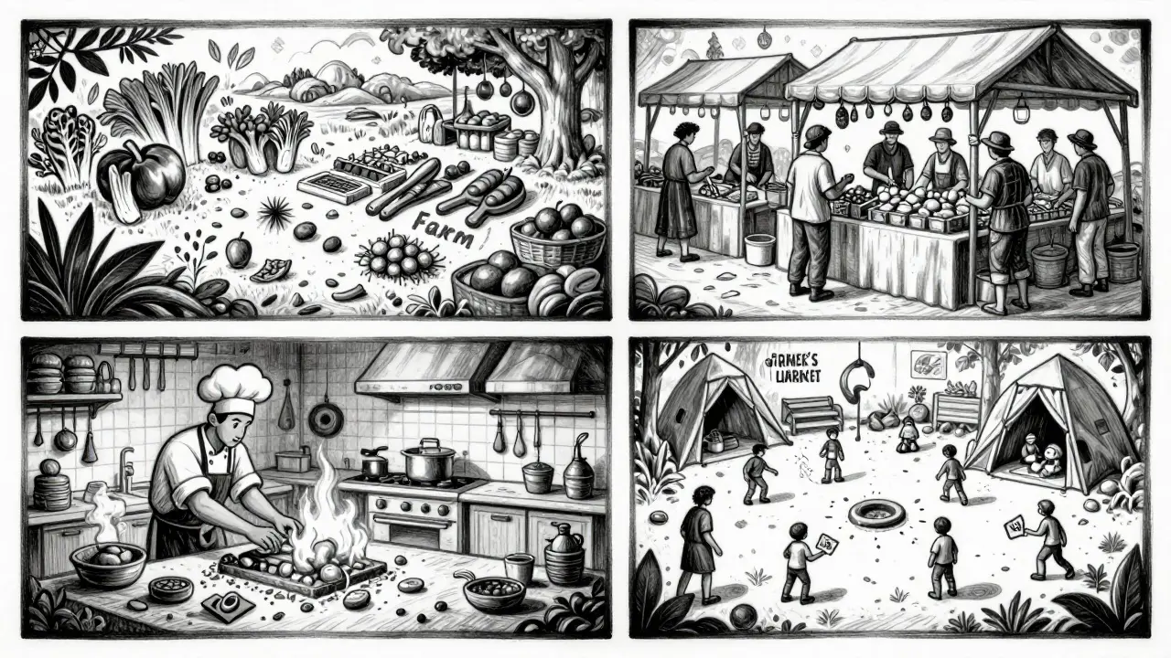 Etching showing Four Zones of OneRare: Farm, Market, Kitchen, Play