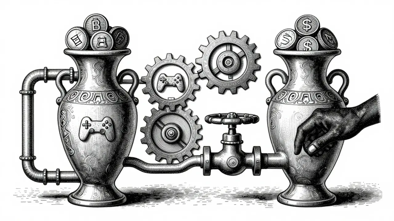 Etching showing interconnected vases and gears representing liquidity pools