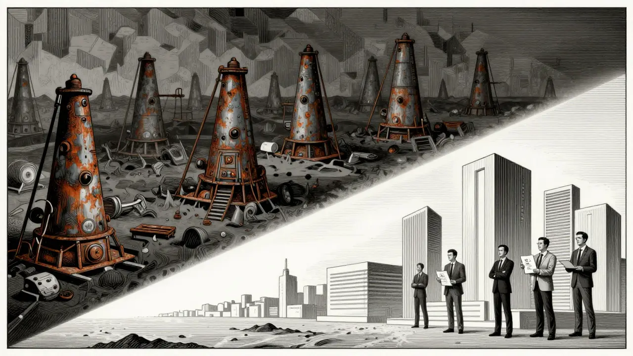 Etching showing the shift from mining rigs to sustainable tech