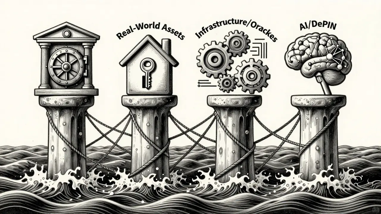 Four etched pillars representing crypto sectors connected by a safety net