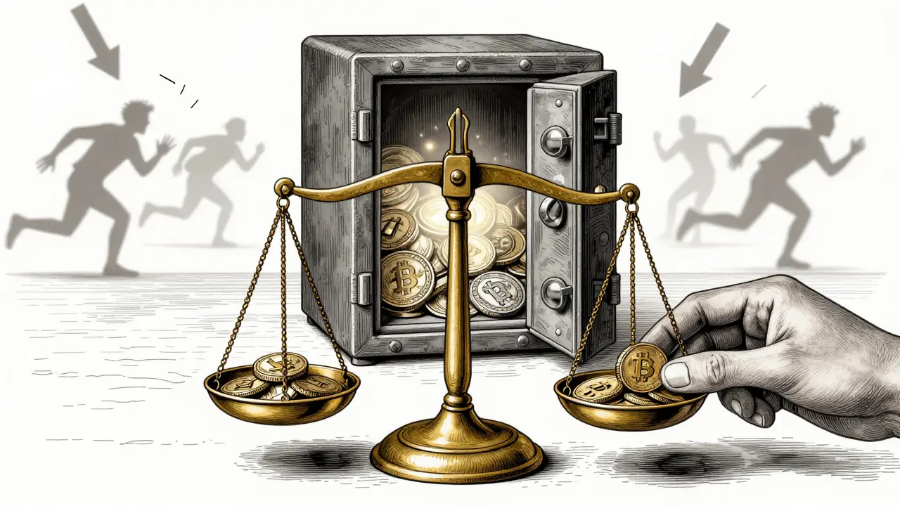 Hand balancing coins on a scale near an open safe in etching style