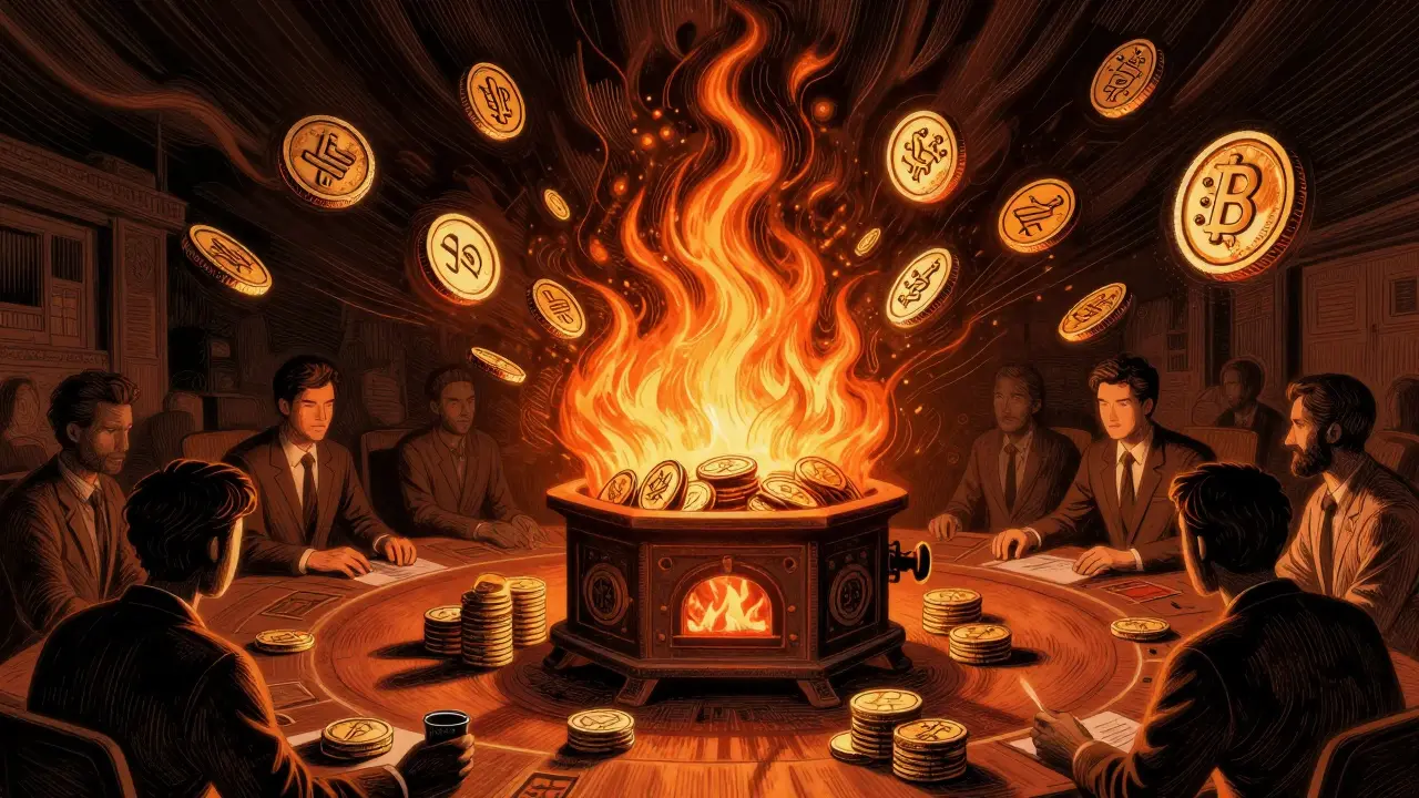 Illustration of coins being burned in a furnace to reduce supply
