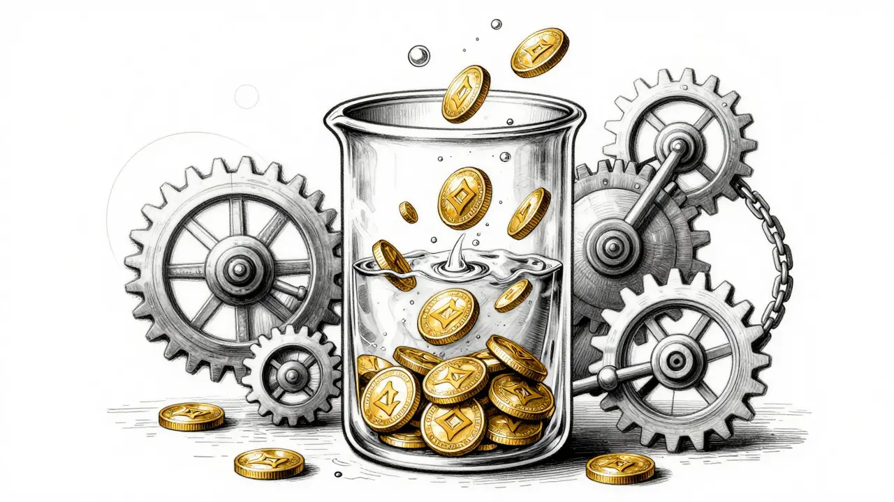 Illustration of liquid staking turning coins into floating tokens