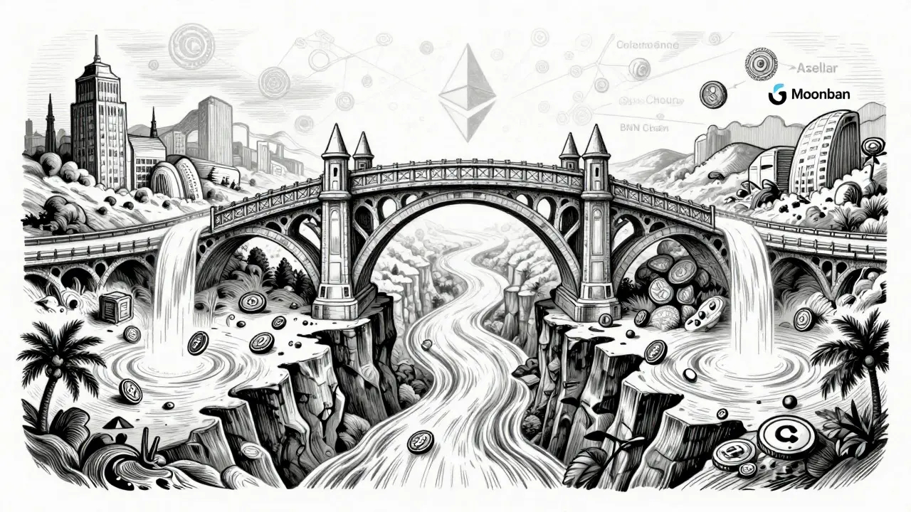 Ink drawing of a seamless bridge enabling cross-chain swaps between blockchains
