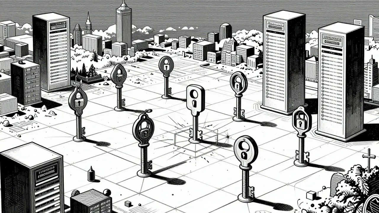 Intricate etching of decentralized domains secured by private keys on a grid.
