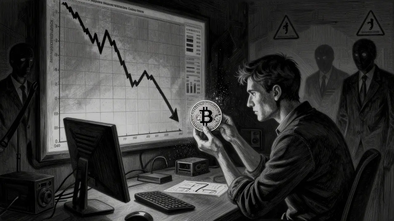 Investor holding cracking crypto token amid falling charts