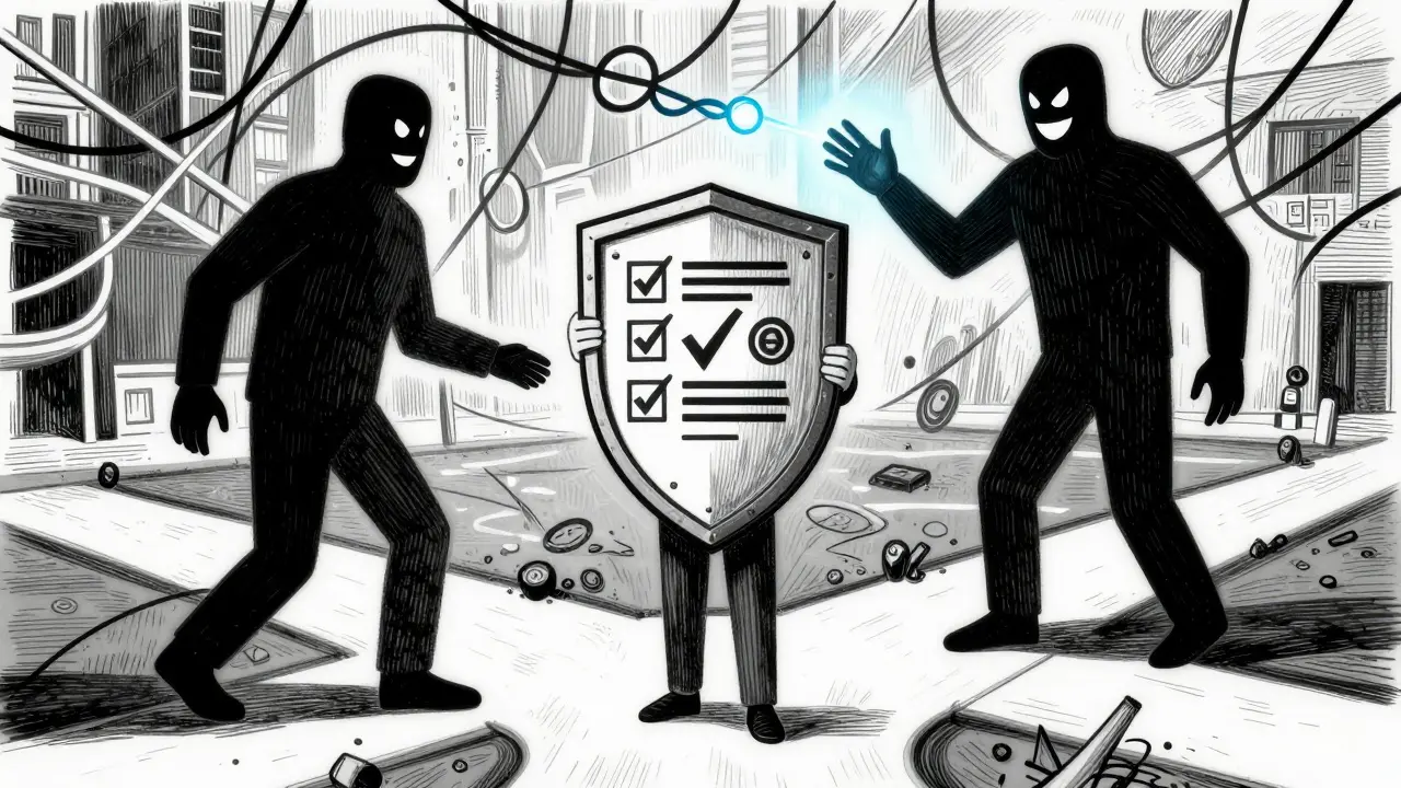 Person shielding wallet from deceptive crypto scammer, etching