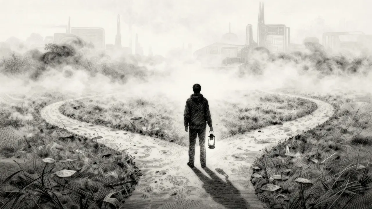 Solitary figure with a lantern standing before a foggy, uncertain path.