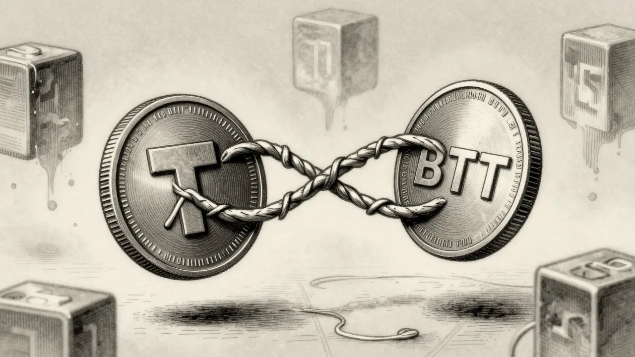 Tangled coins illustrating the confusing BTT token ticker overlap