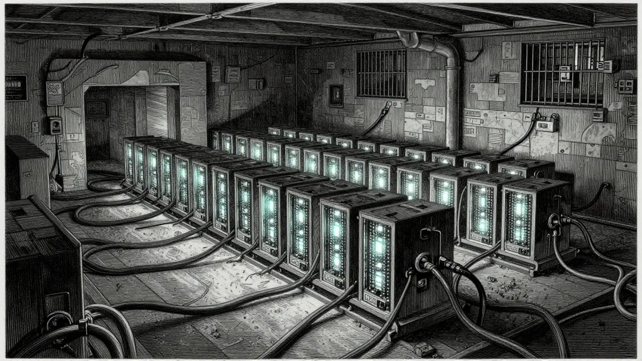 A detailed engraving of a secret IRGC cryptocurrency mining facility inside a military base, featuring rows of illuminated ASIC miners connected to thick power cables, rendered with high-contrast black and white ink work.