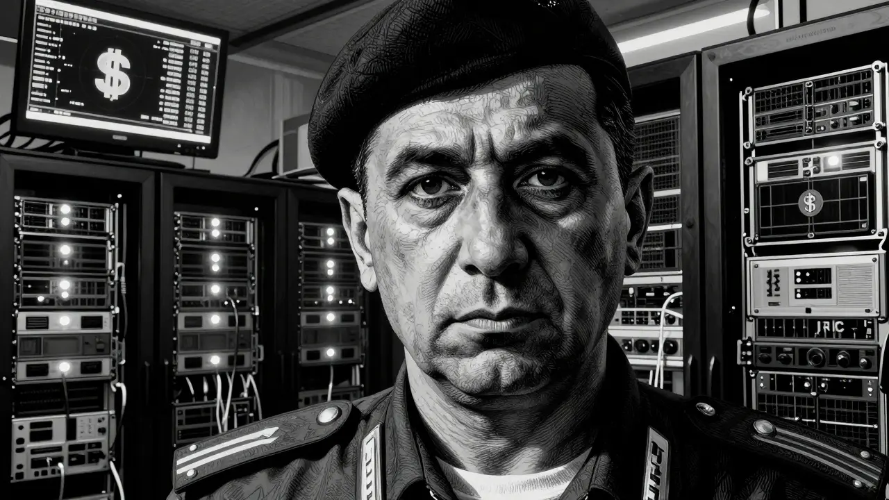 A moody, black-and-white etching portrait of an IRGC official supervising a high-tech Bitcoin mining operation, using intricate cross-hatching to convey themes of secrecy, power, and sanctions evasion.