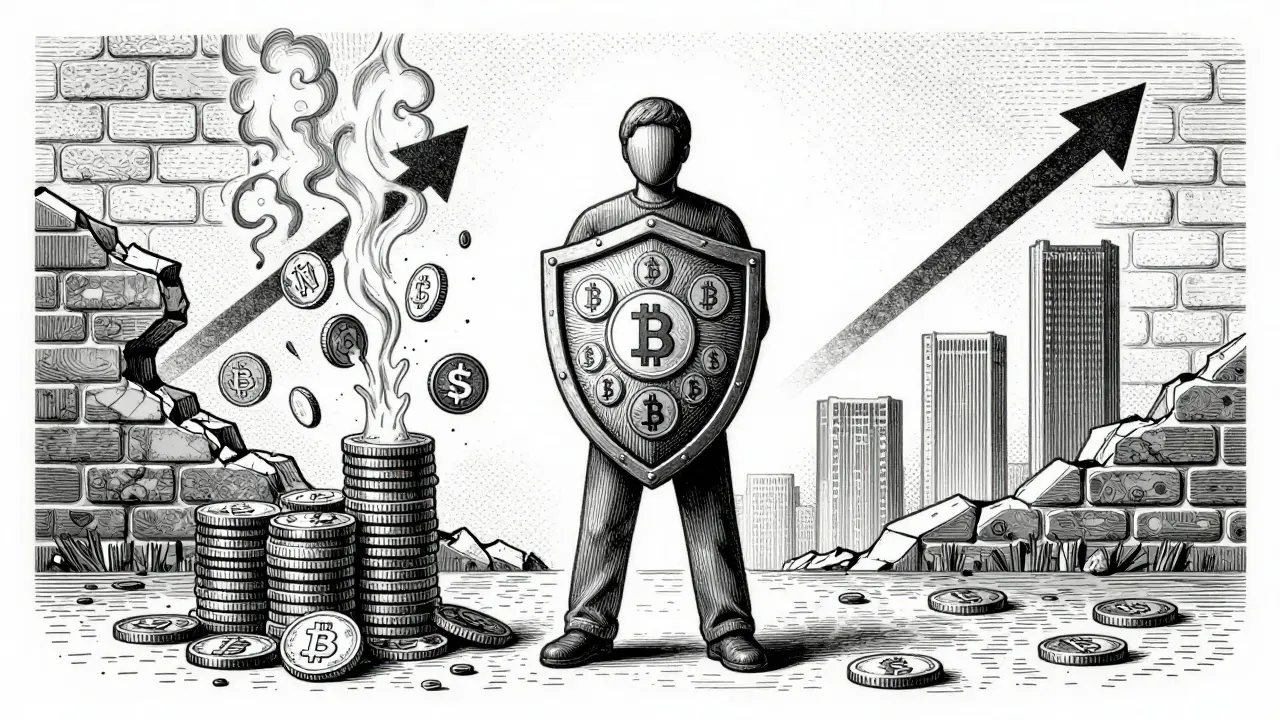 A person shielding assets from inflation with stablecoins in an etching style.