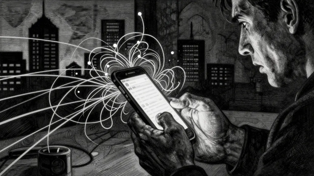 A trader uses a smartphone in shadows, surrounded by abstract digital encryption lines.
