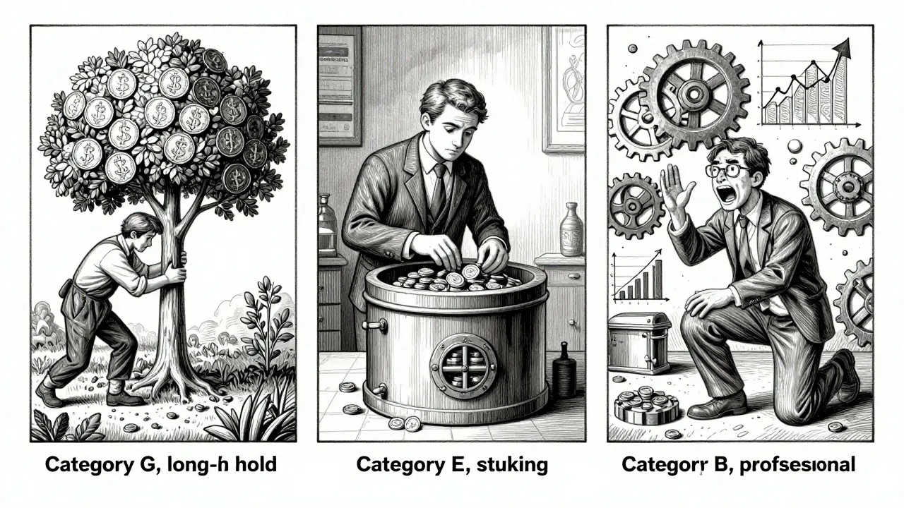 Allegorical etching illustrating the three categories of crypto taxation in Portugal.