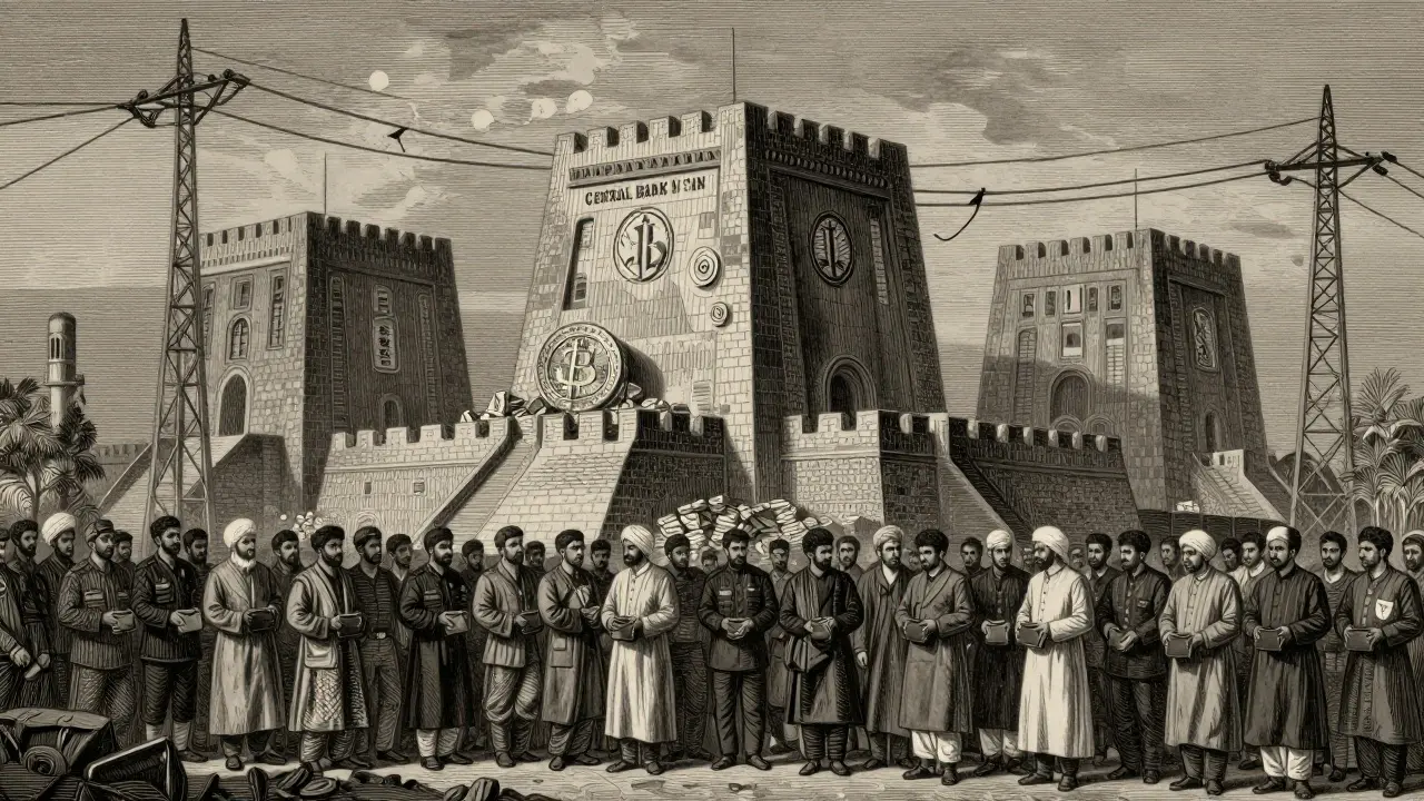 An artistic etching depicting the economic impact of state-controlled crypto mining, with monolithic government structures in the background and impoverished citizens in the foreground dealing with energy shortages and financial hardship.