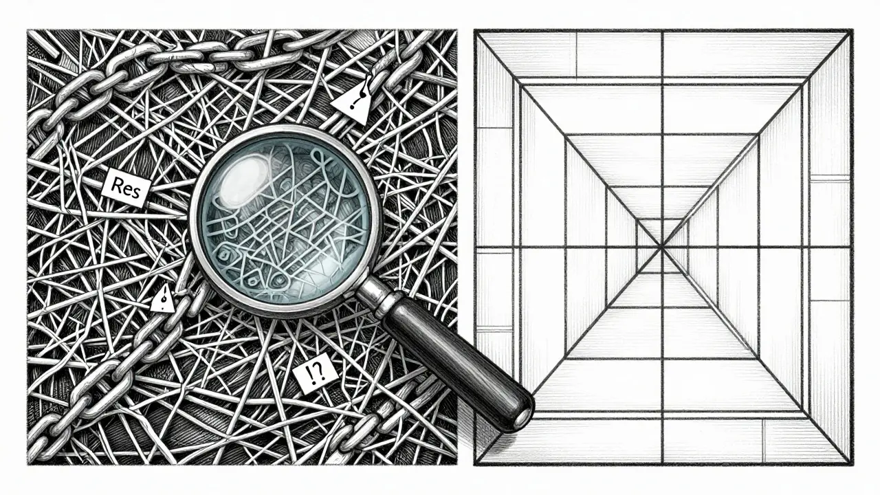 Chaotic threads vs structured grid, illustrating vague airdrop rules