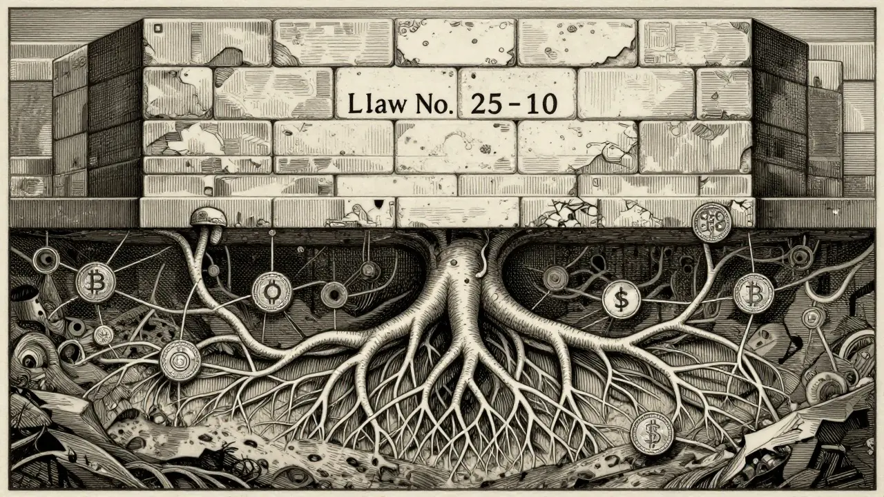 Conceptual art showing crypto networks growing underground beneath strict legal barriers.