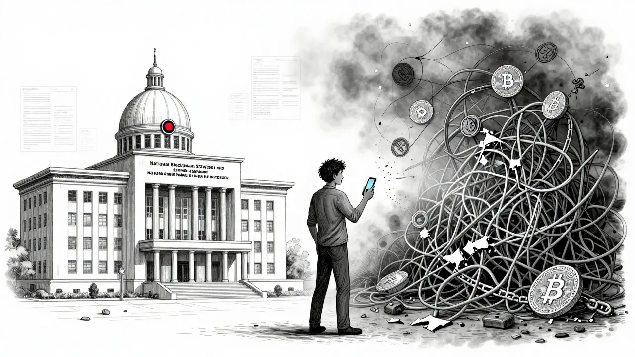 Contrasting government blockchain strategy with chaotic underground crypto markets in etching.