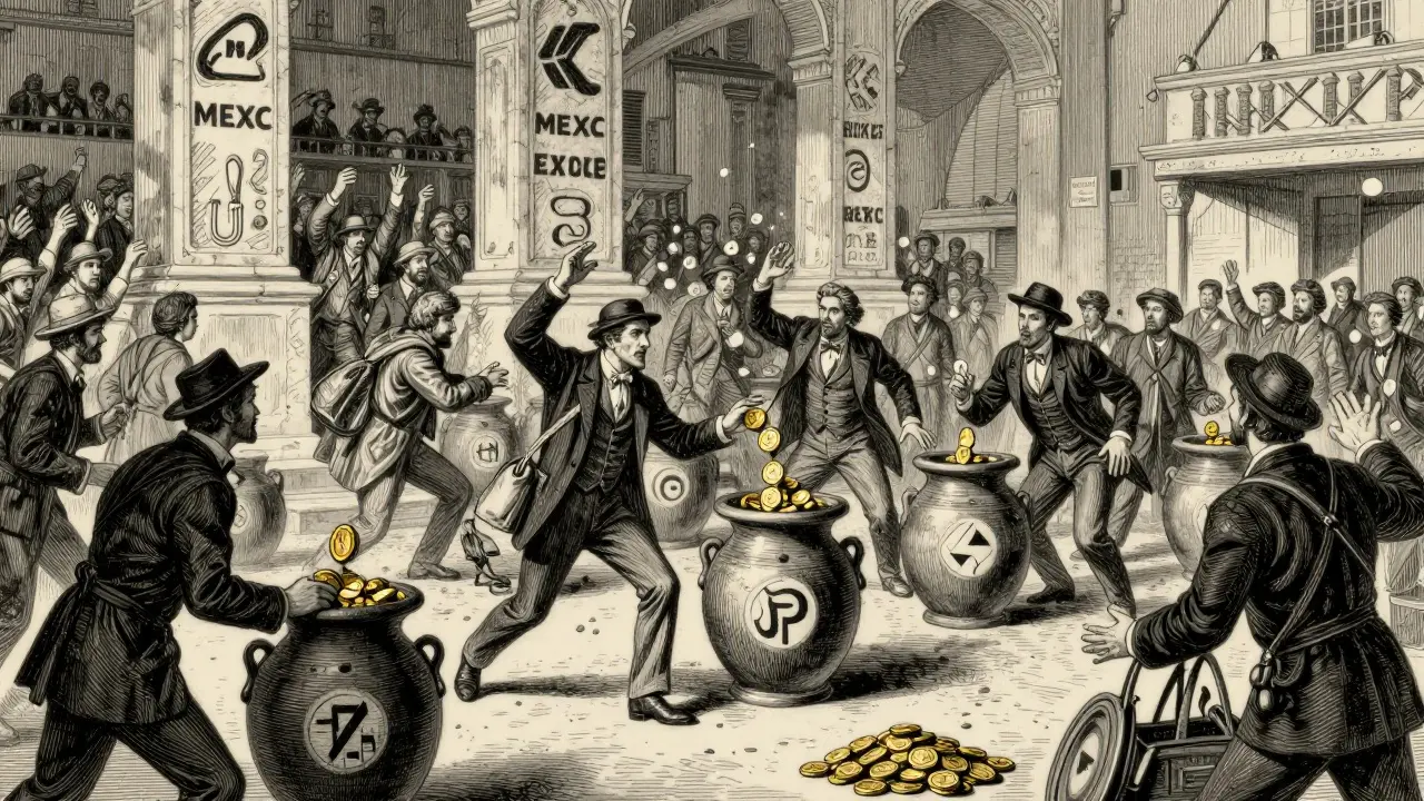 Crowded market scene with people voting coins for crypto listings