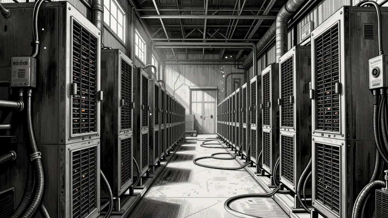 Detailed engraving of rows of ASIC mining rigs in a facility