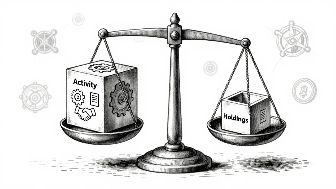 Detailed etching of a scale weighing activity against passive holdings for rewards.