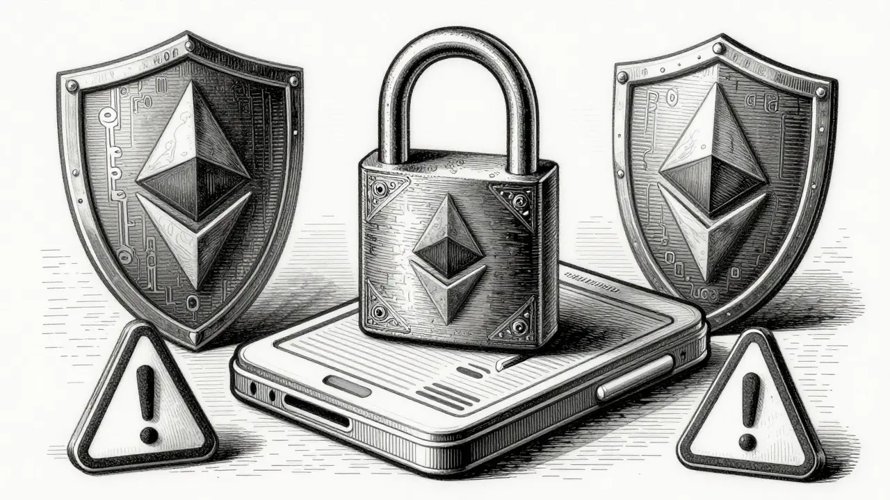 Detailed etching of secure crypto wallet and protection symbols