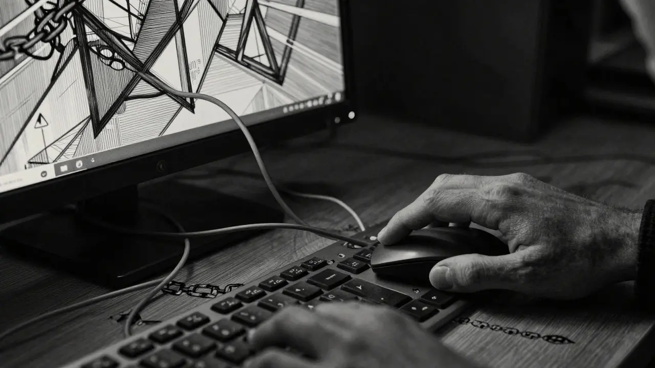 Detailed etching showing a hand hesitating to click a suspicious link on a computer