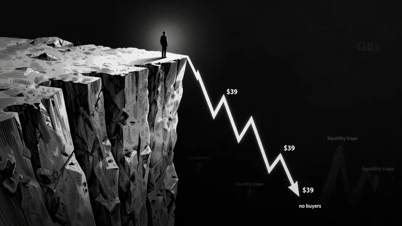 Dramatic etching of a price chart plummeting off a cliff into dark, risky abyss.