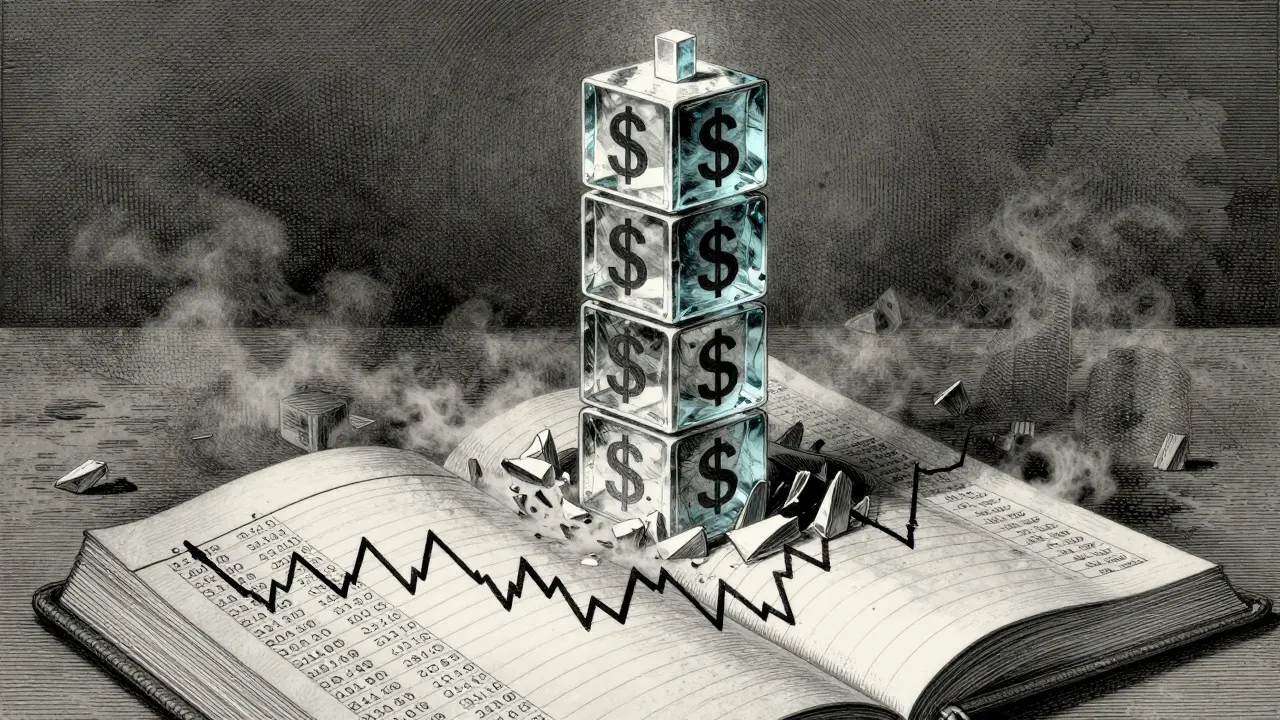 Engraving of a crumbling glass tower and ledger showing volatile crypto market risks