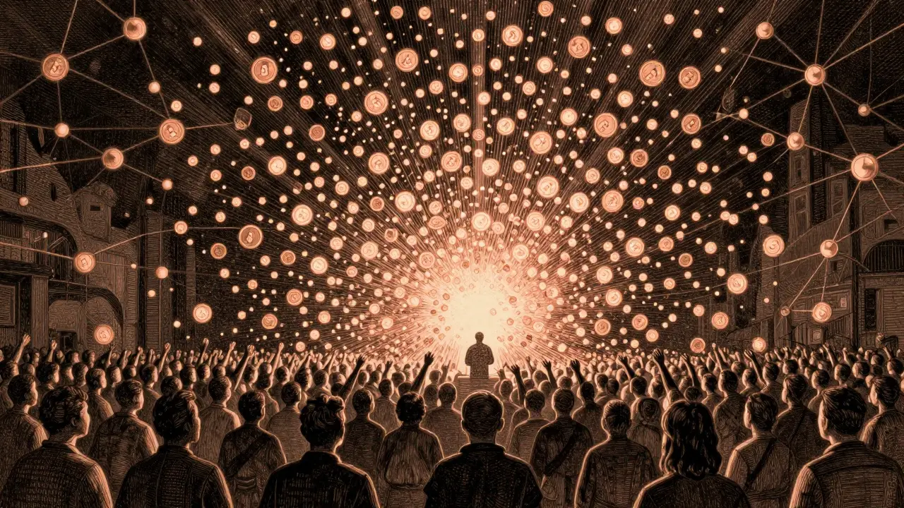 Engraving showing mass distribution of crypto tokens to users