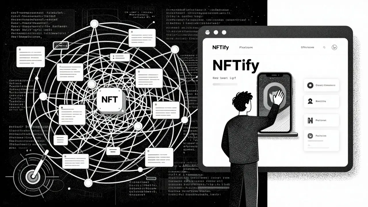 Engraving showing no-code NFT creation simplifying complex tech
