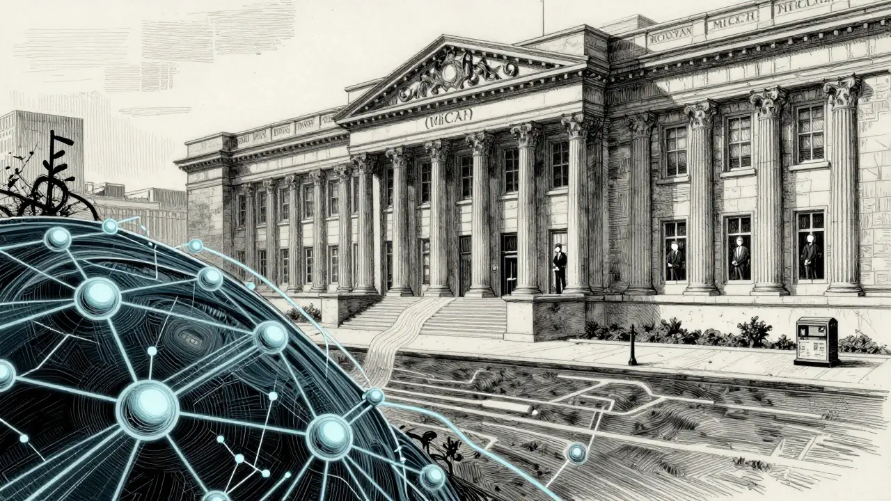 Etching depicting blockchain data flowing towards a government tax authority building.