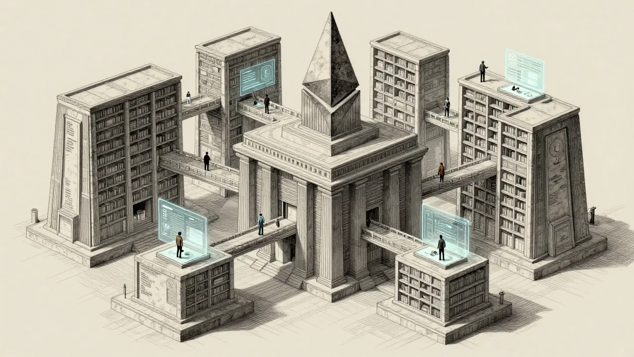 Etching of a complex, decentralized DeFi architecture with users interacting via smart contracts.