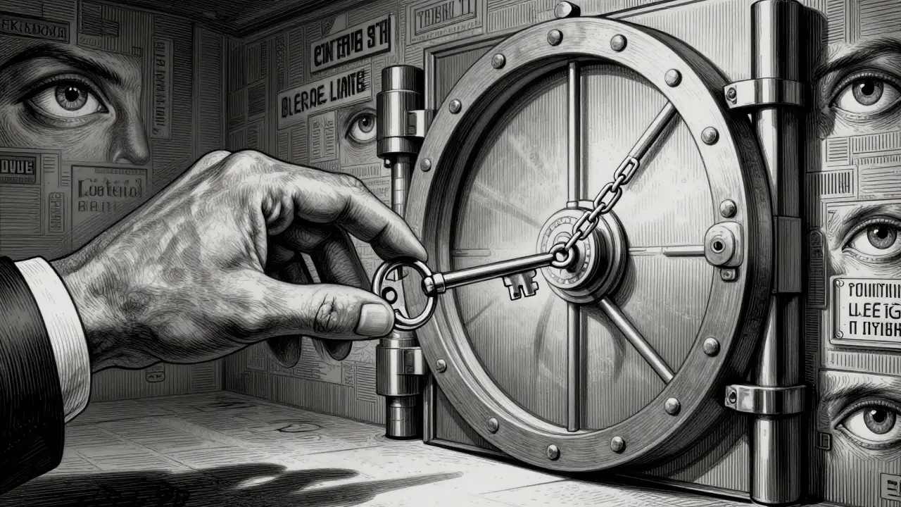 Etching of a hand holding a key over a vault under surveillance