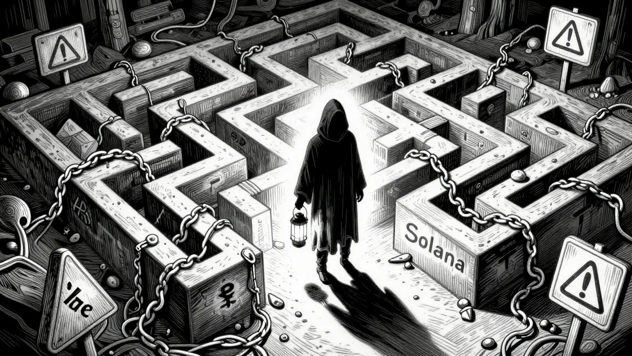 Etching of a hooded figure in a blockchain maze symbolizing anonymous crypto risks