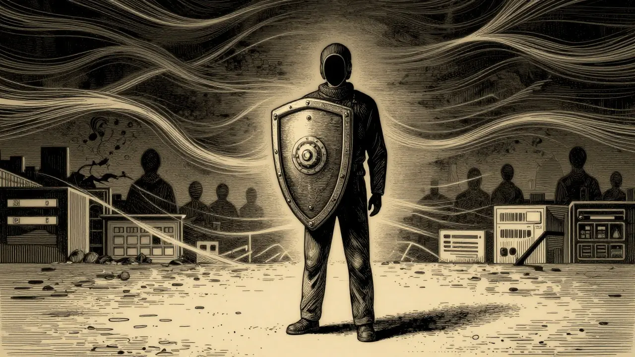 Etching of a person holding a hardware wallet as a shield