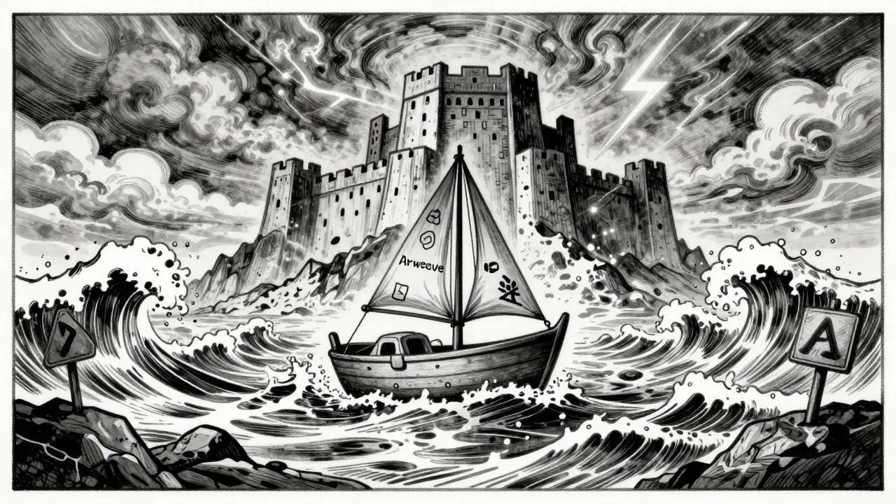 Etching of a small boat navigating rough seas toward a large fortress of competitors.