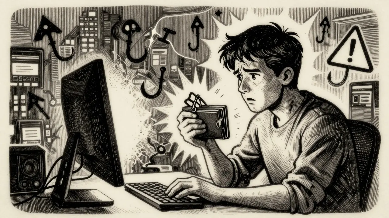 Etching of a user facing shadowy phishing hooks, illustrating crypto scam risks and warnings.