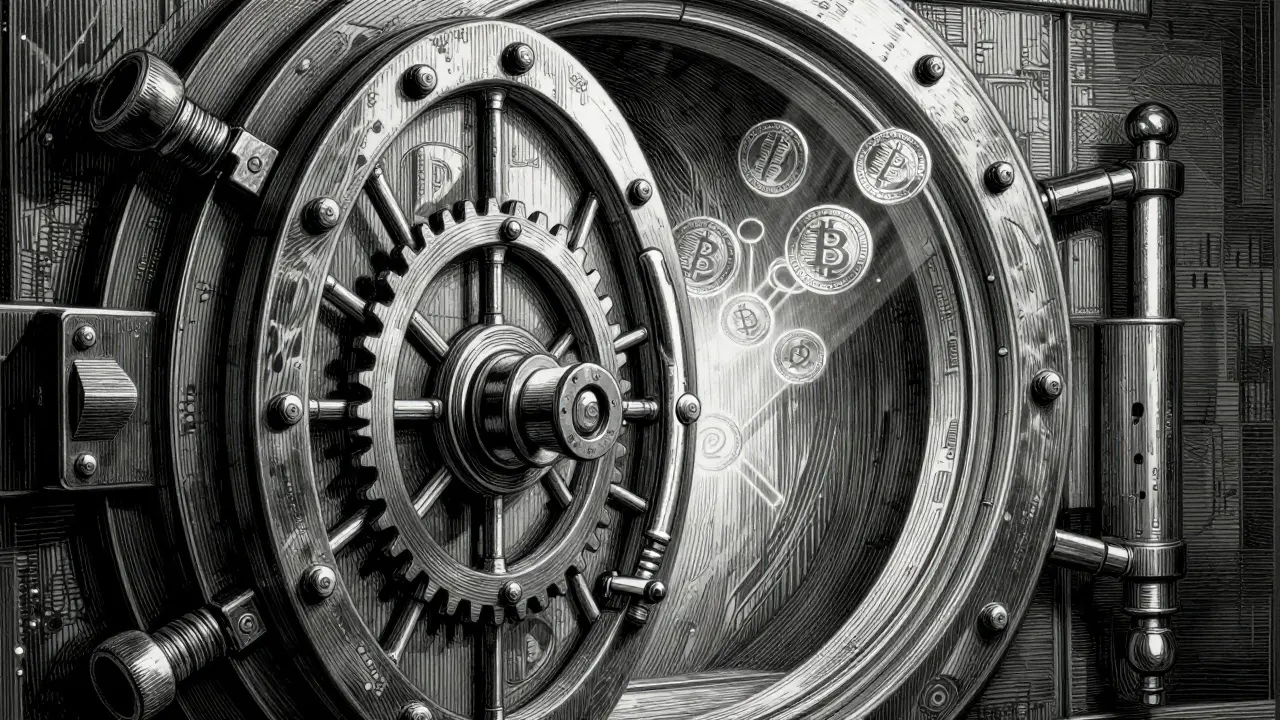 Etching of a vault symbolizing crypto staking and long-term holding
