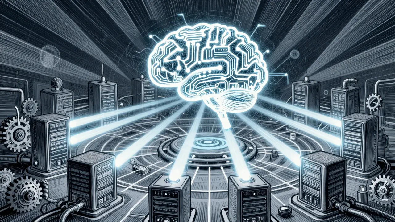 Etching of an AI brain optimizing data flow through a network of mechanical nodes.